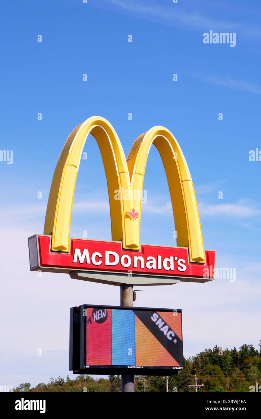 McDonalds Schild umrahmt von einem blauen Himmel, der im Hochformat fotografiert wurde. Stockfoto