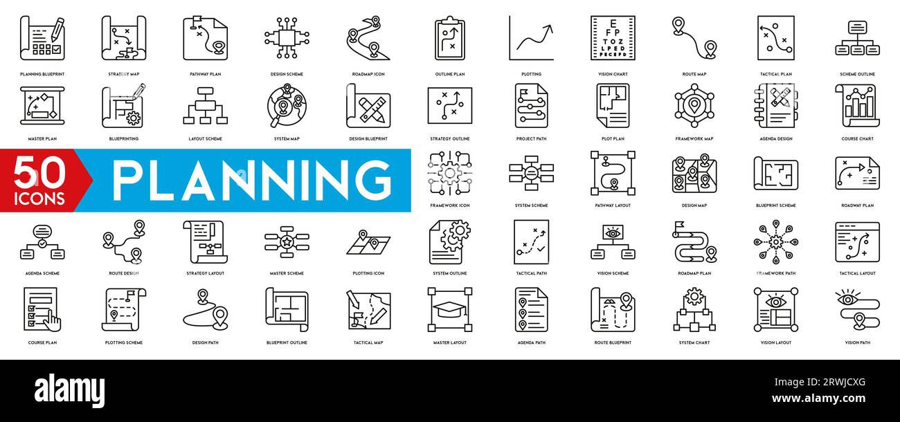 Planungssymbole festgelegt. Planungskonzept, Strategiekarte, Pfadplan, Organisation. Lineare Symbolsammlung... Vektorillustration Stock Vektor