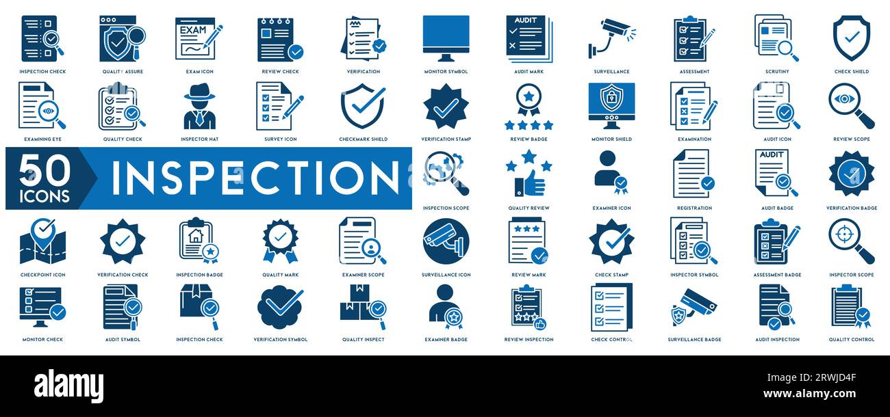 Websymbole im Linienstil prüfen. Untersuchung, Prüfung, Qualitätskontrolle, Prüfung, Inspektion, Sammlung. Vektorillustration. Stock Vektor