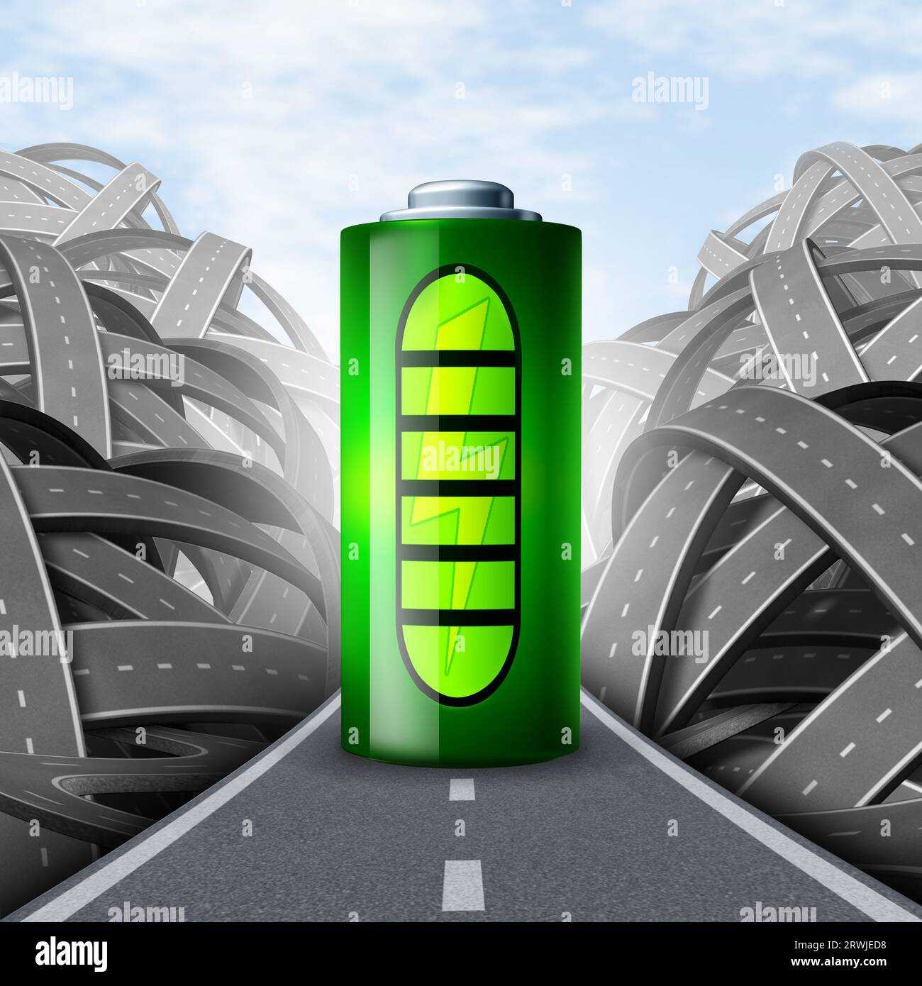 EV-Energie Autobahn und Elektrizität Road Revolution oder Elektrobatterie Fahrzeug Batterietechnologie oder Ladestation Konzept als Symbol Stockfoto