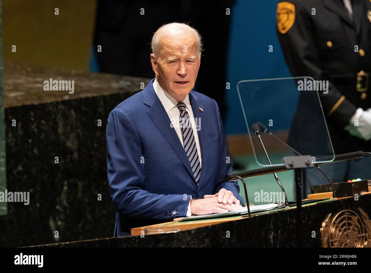 US-Präsident Joseph Biden Jr. spricht während der allgemeinen Aussprache über die 78. Tagung der Generalversammlung der Vereinten Nationen am 19. September 2023 am Hauptsitz in New York Stockfoto