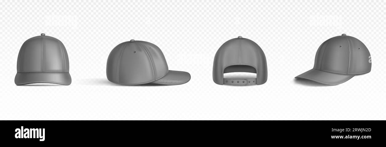 Baseballmütze aus verschiedenen Blickwinkeln – vorne, hinten, drei Viertel und seitlich. Realistische Vektorschablonen von grauen Snapback-Hüten mit Visier. Leerer spo Stock Vektor