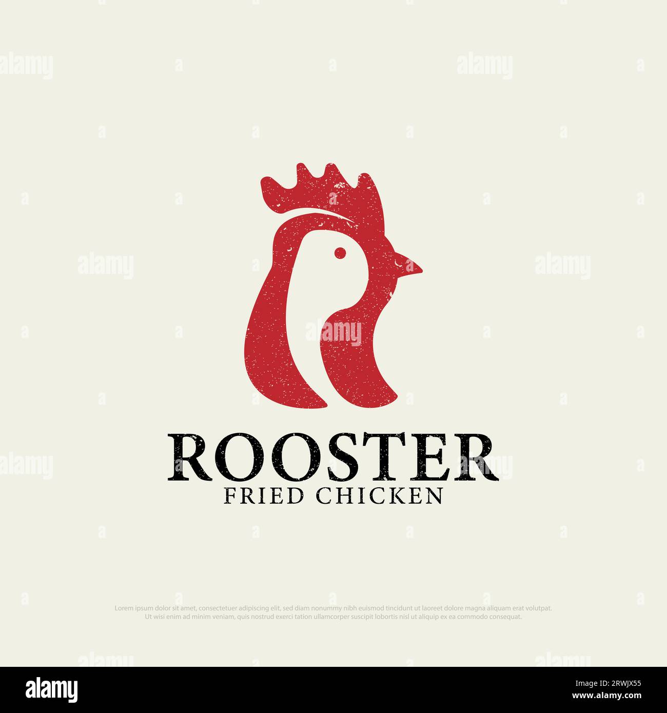 Vintage Chicken Rooster Restaurant Logo Design mit Grunge-Stil, Buchstabe R bedeutet Hahnensymbol Vektor-Illustration Stock Vektor