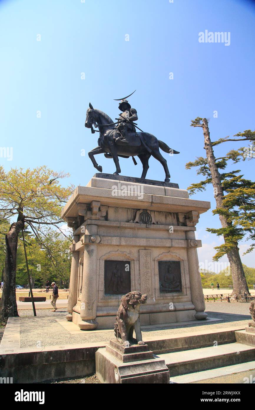 Statue von Date Masamune auf einem Pferd Stockfoto