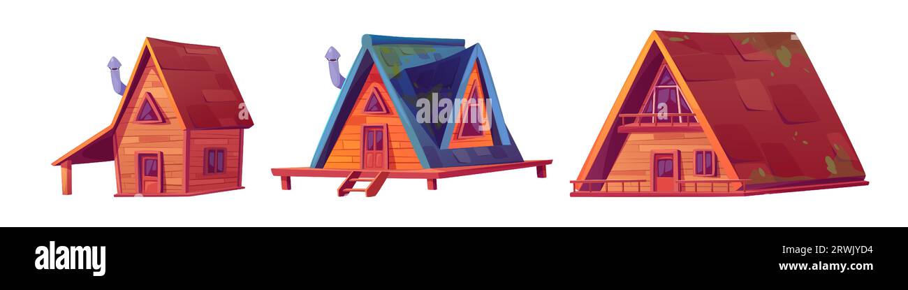 Holzhütte - Cartoon Vektor kleines Haus für Erholung oder Camping. Holzhütte für Sommer- oder Winterferien mit Tür und Fenster und Moos auf dem Dach. Braunes Dorfhaus und Hütte für rustikale Szene. Stock Vektor