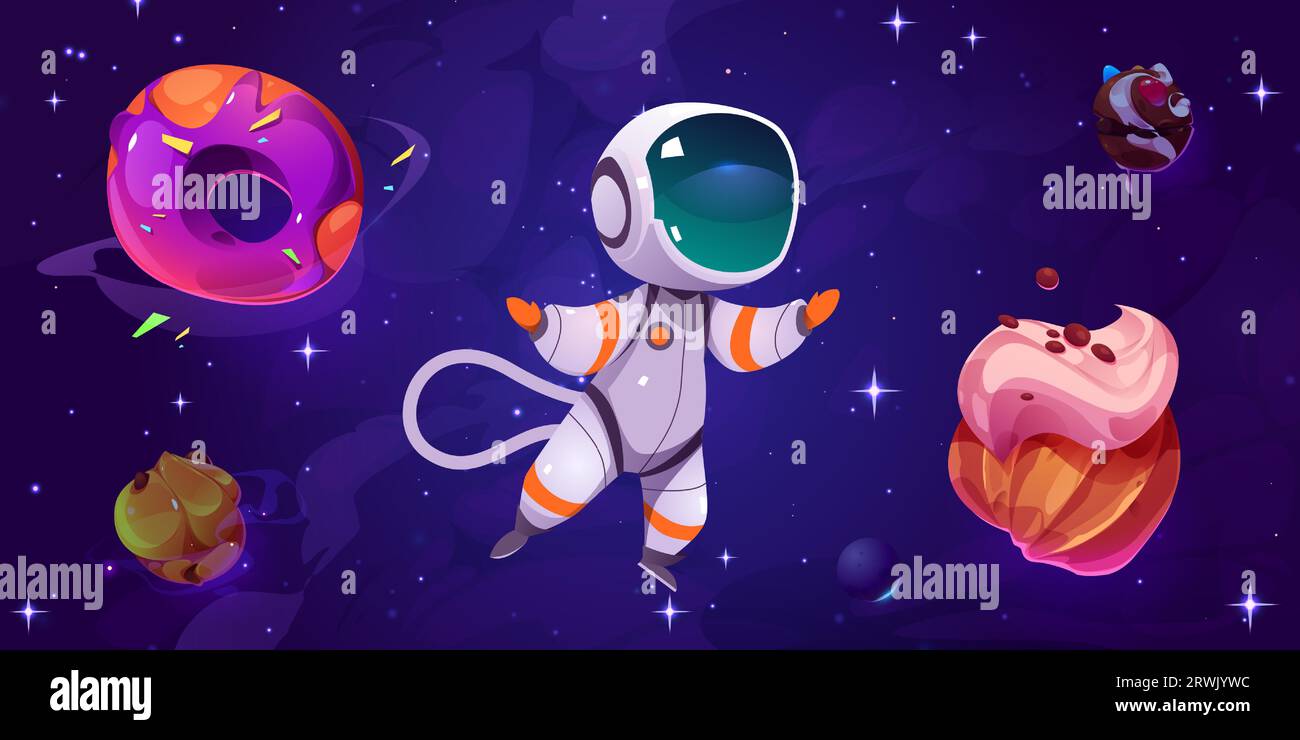 Astronaut im Süßigkeitenraum in der Nähe von Donut-Planeten-Kind-Zeichentrickvektor. Kosmische kindliche Fantasy planetarische Illustration für außerirdische Schokolade und Gebäck Spiel Universum Zeichnung Nacht Himmel Konzept. Stock Vektor