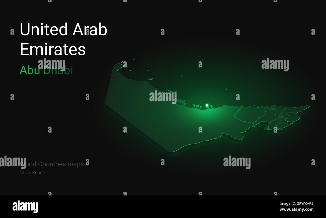 Kreative Karte der Vereinigten Arabischen Emirate. Politische Karte. Abu Dhabi. Hauptstadt der Vereinigten Arabischen Emirate. Die Weltländer Maps Glass Series. Vereinigte Arabische Emirate, Dubai Stockfoto