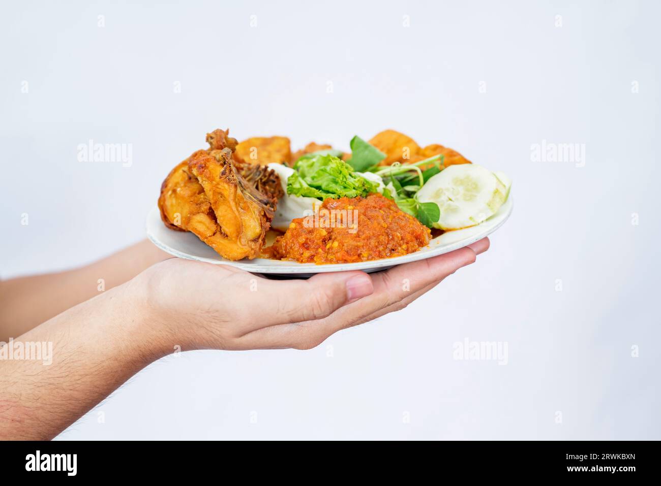 Eine menschliche Hand, die einen Teller mit Pecel Ayam, frittiertem tempe und Tofu mit weißem Hintergrund hält. Traditionelles indonesisches Essen Stockfoto