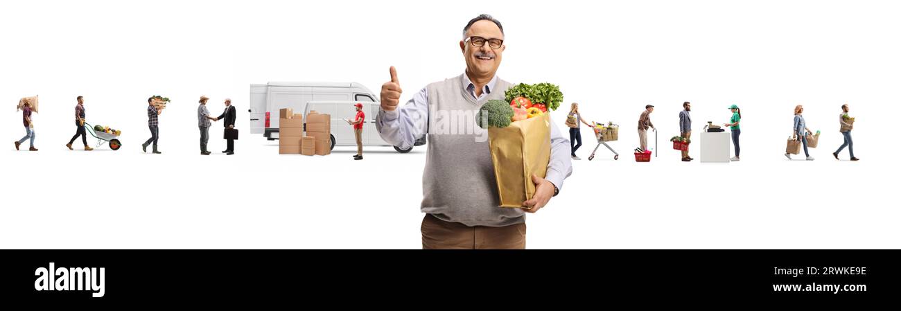 Mann mit einer Lebensmitteltüte, die Daumen hoch drückt und Lebensmittelversorgungskette vom Bauernhof bis zum Markt isoliert auf weißem Hintergrund Stockfoto