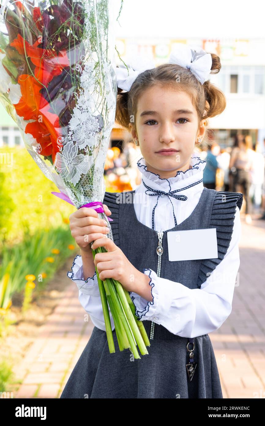 Porträt einer Schülerin der 1. Klasse mit weißen Bögen und Blumen in einem Kleid unifor mit Abzeichen Mock up. Zurück zur Schule, 1. September, Firs Stockfoto