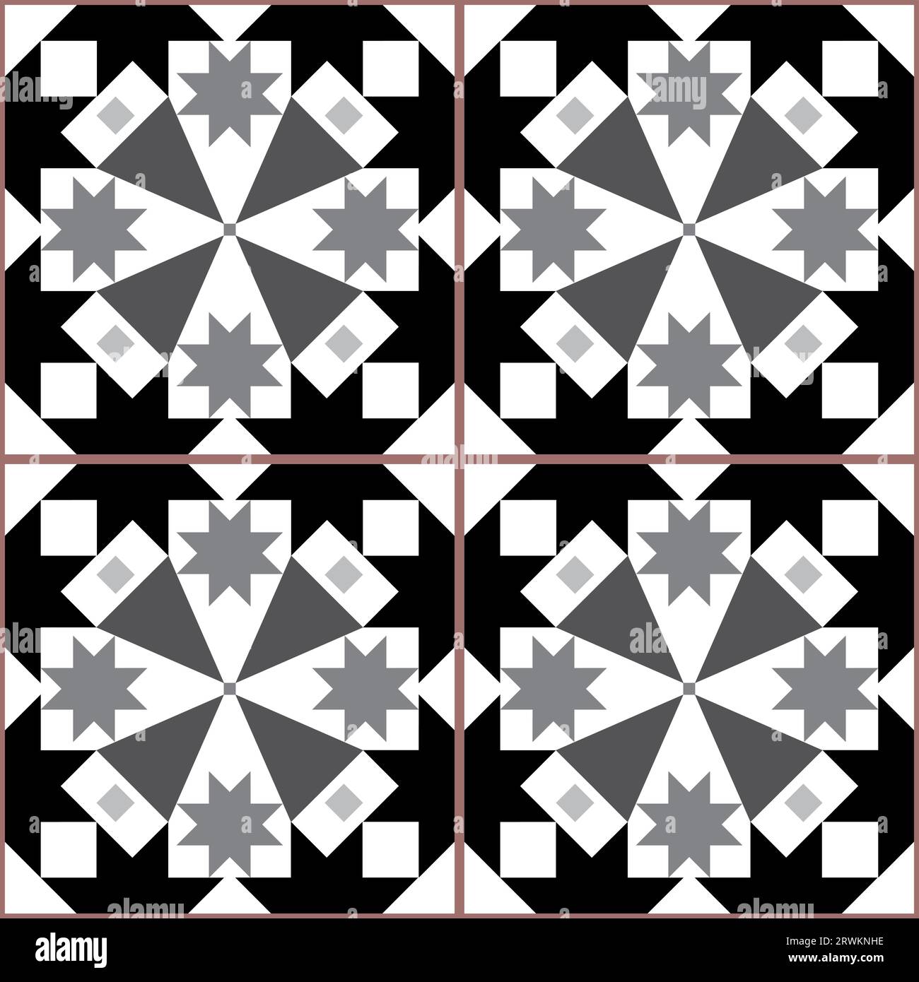 Azulejo Fliese im Lissabonner Stil nahtloses Vektor-Muster in Schwarz und Grau, elegantes dekoratives Design, inspiriert von Kunst aus Portugal mit Blumen und geometrischen Motiven Stock Vektor