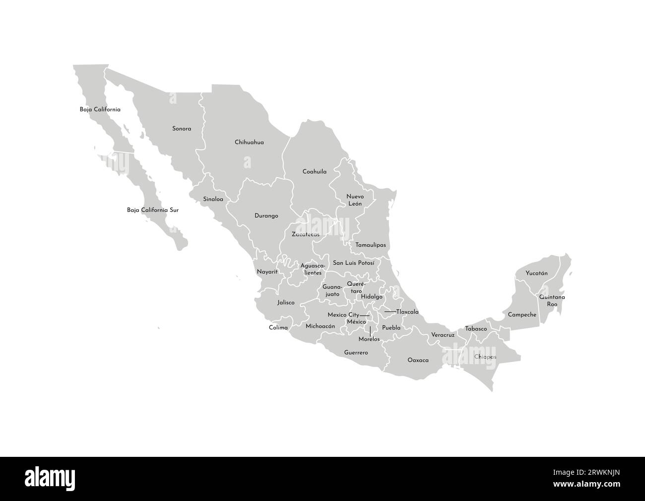 Vektor-isolierte Illustration einer vereinfachten Verwaltungskarte Mexikos (Vereinigte mexikanische Staaten). Grenzen und Namen der Provinzen (Regionen). Grau s Stock Vektor