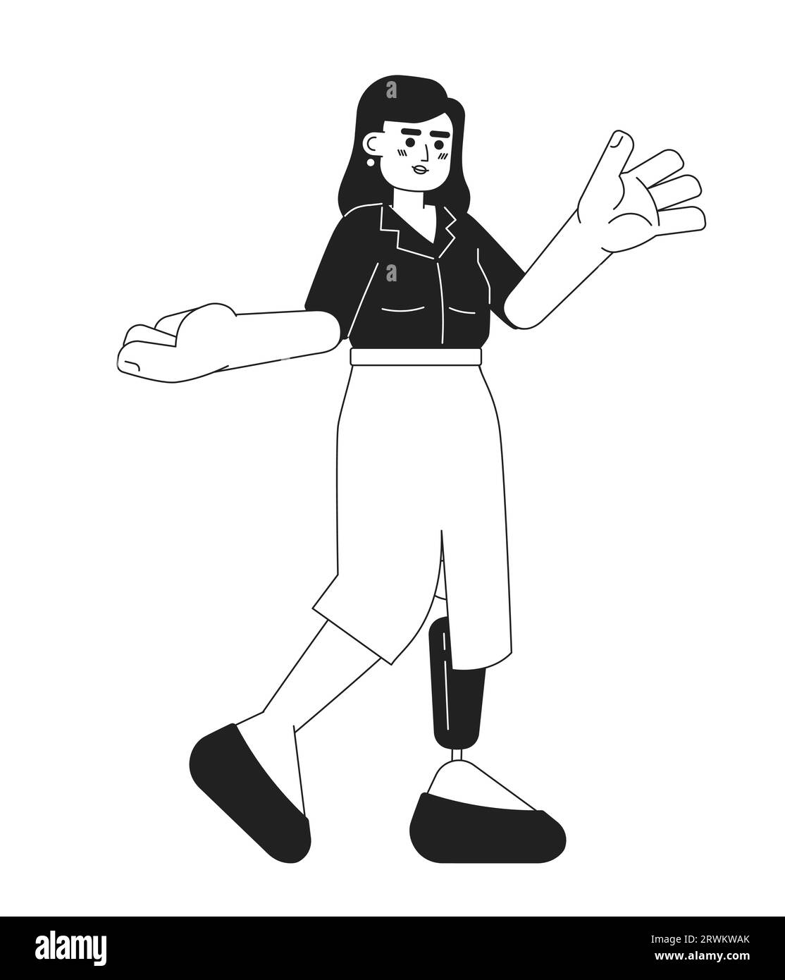 Kaukasische Erwachsene Frau Prothese Bein gestikulierende schwarz-weiße 2D-Zeichentrickfigur Stock Vektor