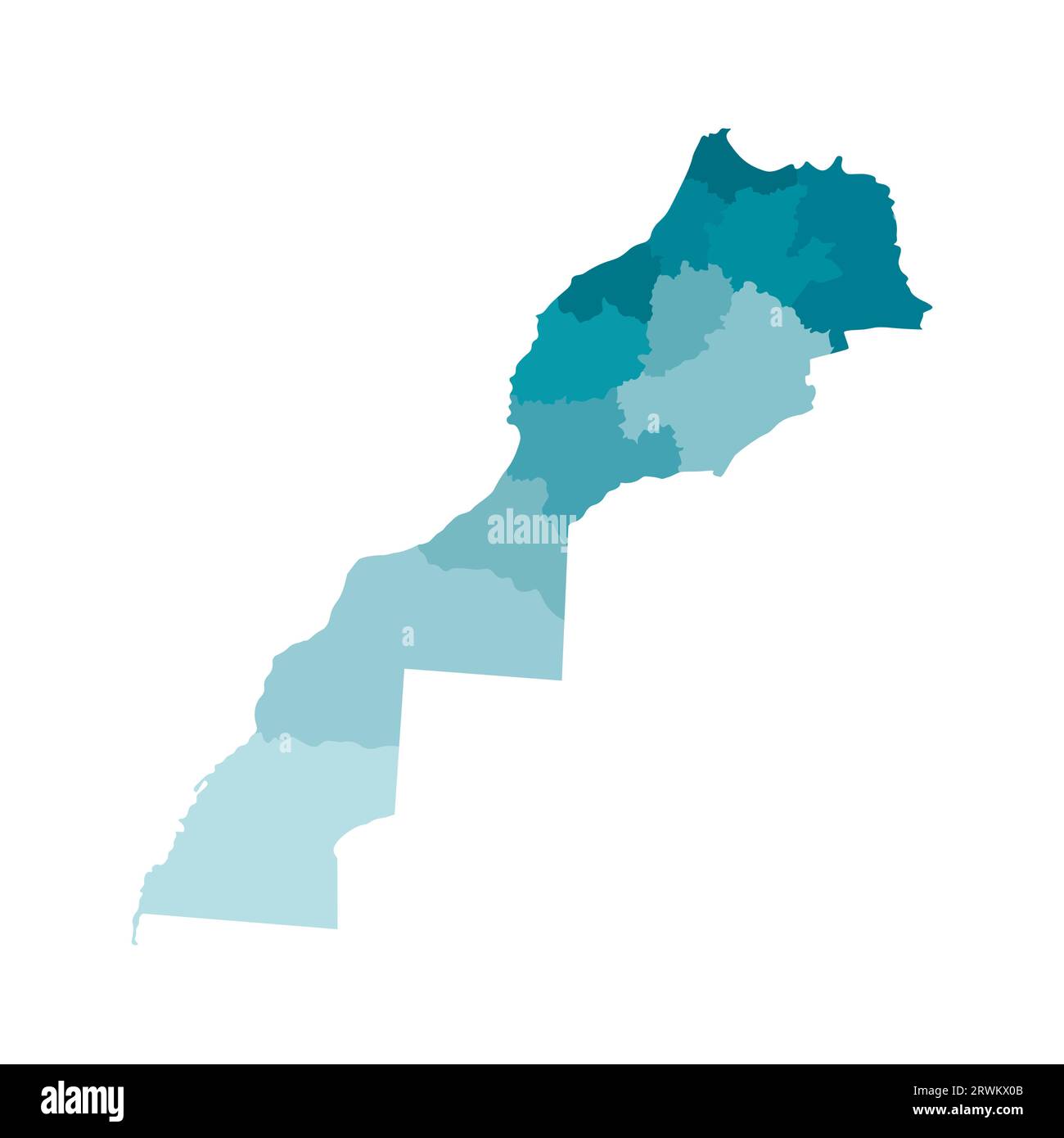 Vektor-isolierte Illustration einer vereinfachten Verwaltungskarte Marokkos (einschließlich des umstrittenen Gebiets der Westsahara). Grenzen der Regionen. Kol Stock Vektor