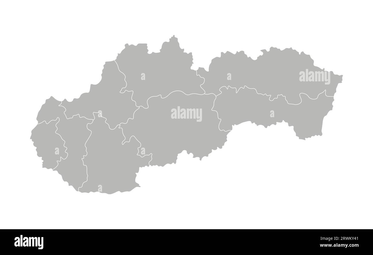 Vektorisolierte Darstellung einer vereinfachten Verwaltungskarte der Slowakei. Grenzen der Provinzen (Regionen). Graue Silhouetten. Weiße Umrandung. Stock Vektor