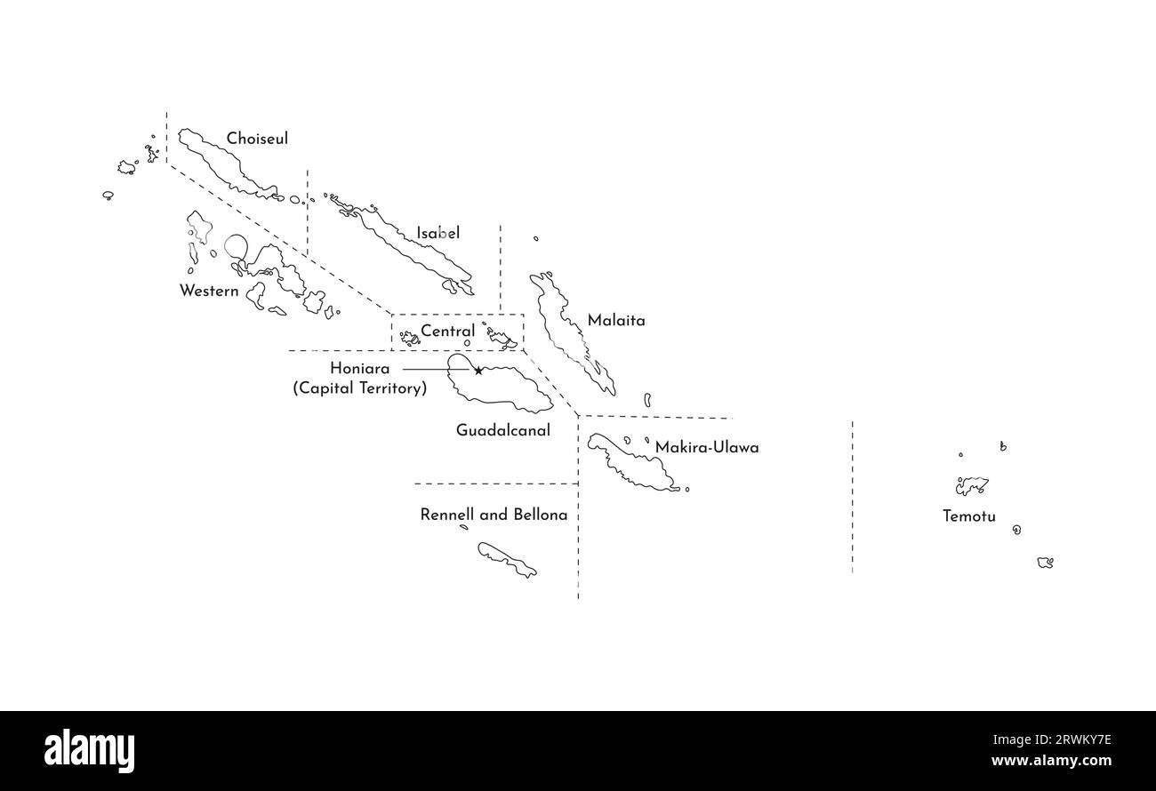 Vektorisolierte Darstellung einer vereinfachten Verwaltungskarte der Salomonen. Grenzen und Namen der Provinzen (Regionen). Silhouetten mit schwarzen Linien Stock Vektor