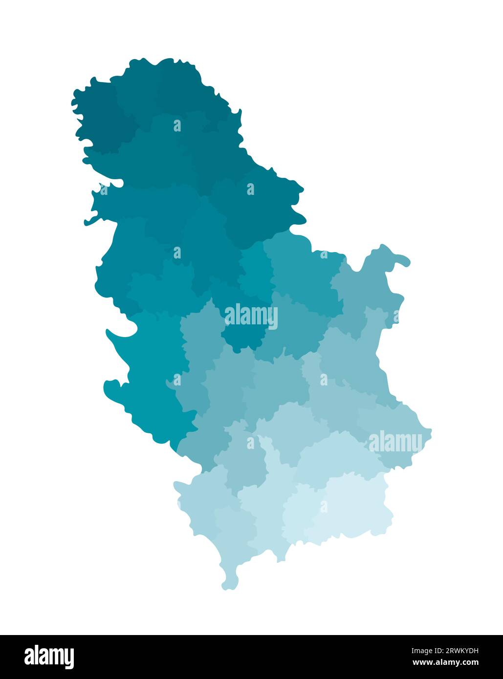 Vektorisolierte Darstellung einer vereinfachten Verwaltungskarte Serbiens. Grenzen der Bezirke. Farbenfrohe, khakifarbene Silhouetten. Stock Vektor