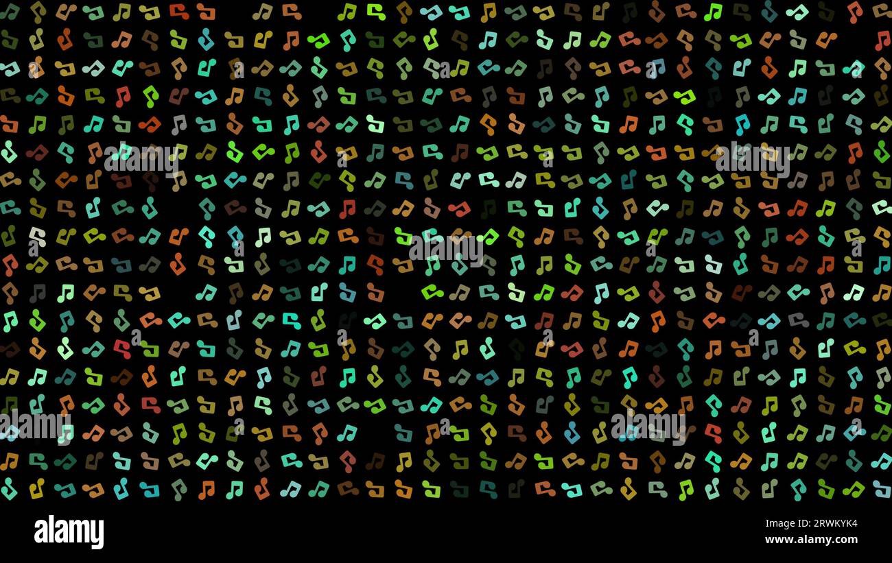 Farbiges blinkendes Tonsymbol auf schwarzem Hintergrund. Abstrakter festlicher Hintergrund für Werbung, Glückwünsche, Text. Farbenfrohe, kreative, flache dynamische e Stockfoto