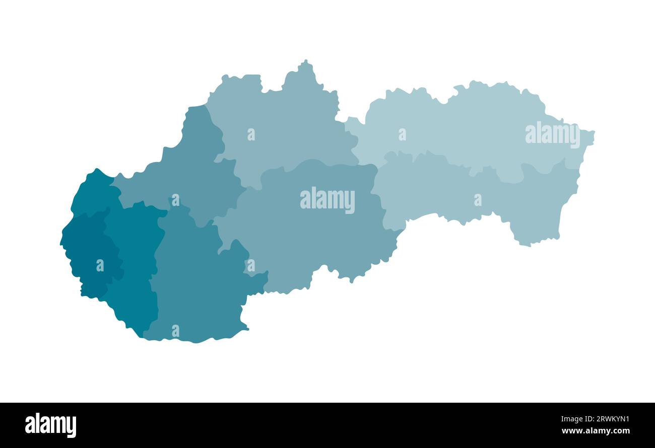 Vektorisolierte Darstellung einer vereinfachten Verwaltungskarte der Slowakei. Grenzen der Regionen. Farbenfrohe, khakifarbene Silhouetten. Stock Vektor