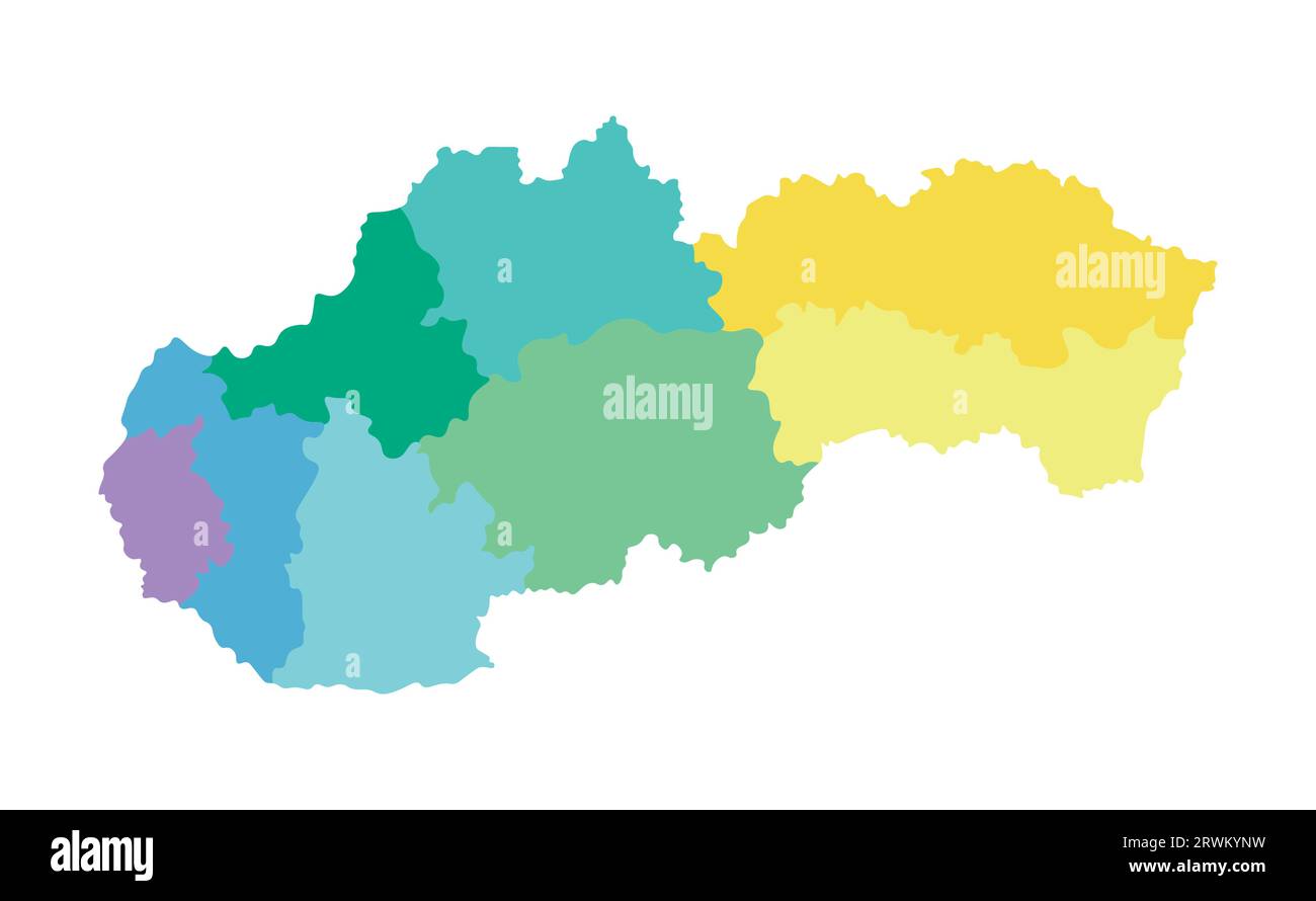 Vektorisolierte Darstellung einer vereinfachten Verwaltungskarte der Slowakei. Grenzen der Regionen. Mehrfarbige Silhouetten. Stock Vektor