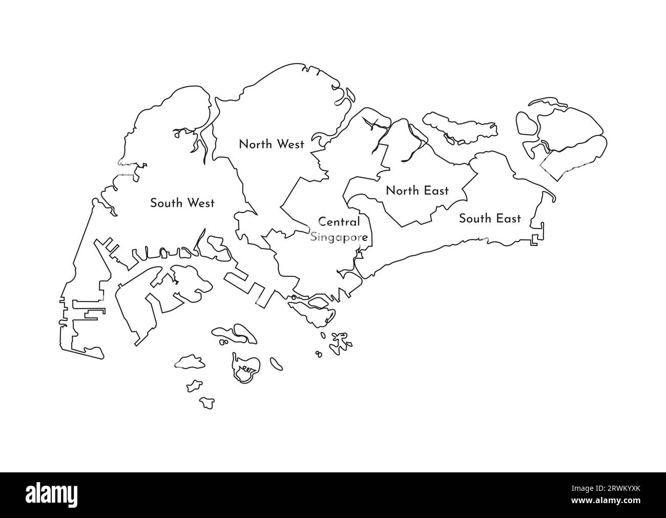 Vektor-isolierte Illustration einer vereinfachten Verwaltungskarte Singapurs. Grenzen und Namen der Regionen. Silhouetten mit schwarzen Linien. Stock Vektor