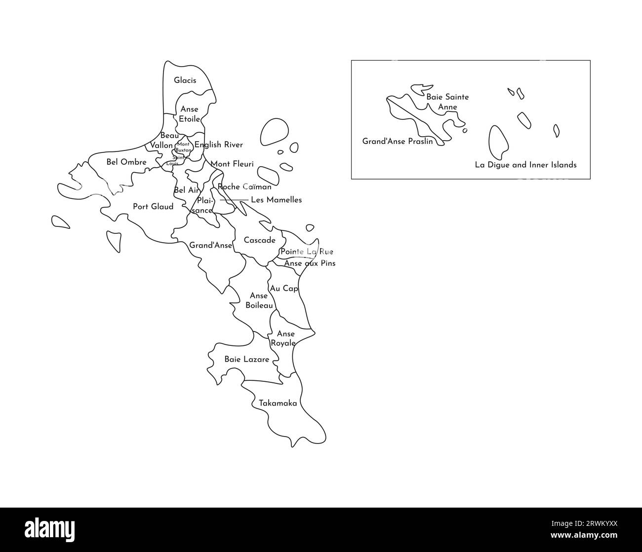 Vektor-isolierte Illustration der vereinfachten Verwaltungskarte der Seychellen (nur große Inseln Mahé, Praslin, La Digue). Rahmen und Namen von t Stock Vektor