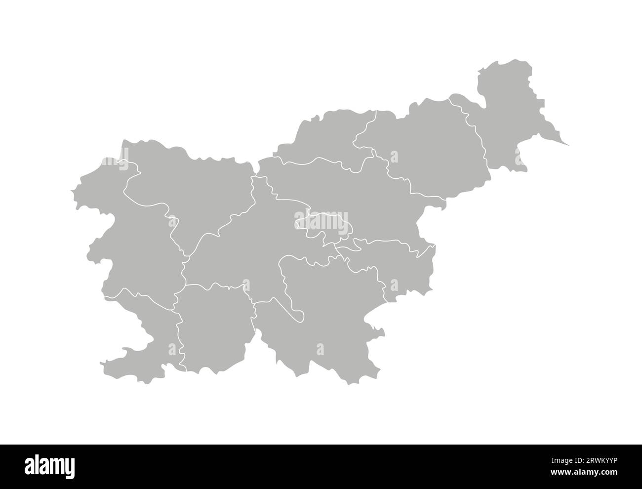 Vektorisolierte Darstellung der vereinfachten Verwaltungskarte Sloweniens. Grenzen der Provinzen (Regionen). Graue Silhouetten. Weiße Umrandung. Stock Vektor