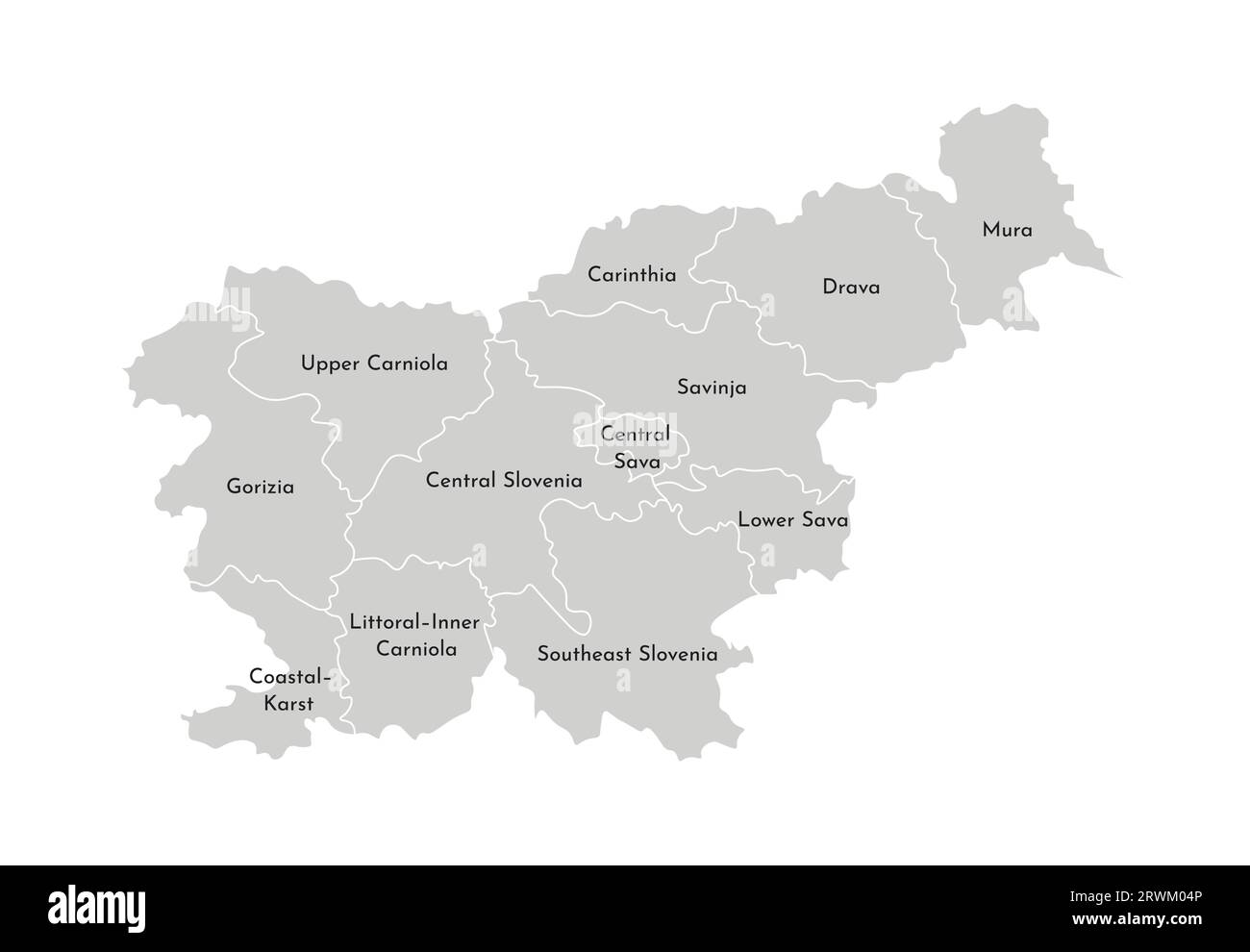 Vektorisolierte Darstellung der vereinfachten Verwaltungskarte Sloweniens. Grenzen und Namen der Provinzen (Regionen). Graue Silhouetten. Weiße Omelettes Stock Vektor