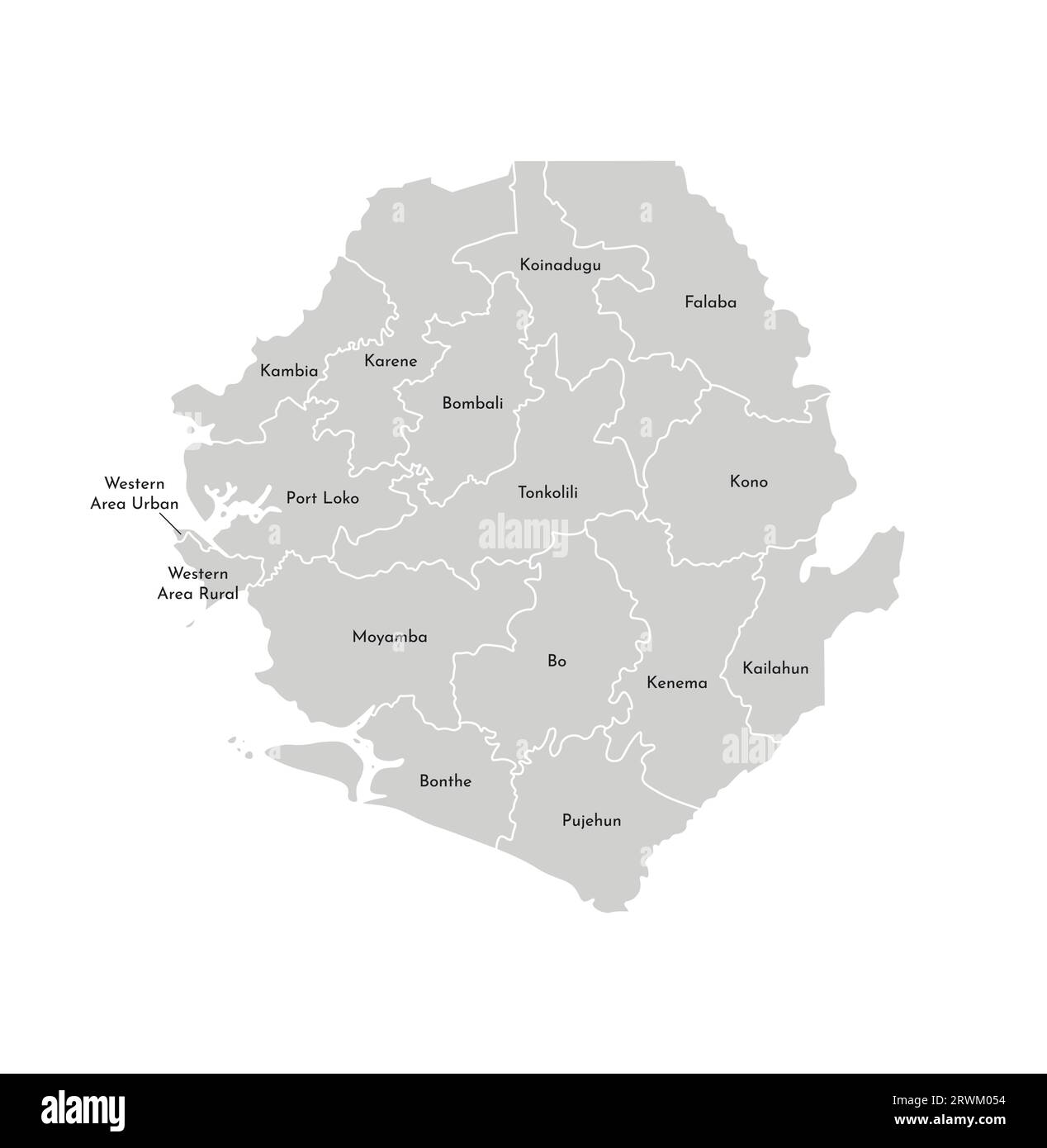 Vektorisolierte Darstellung der vereinfachten Verwaltungskarte Sierra Leones. Grenzen und Namen der Bezirke (Regionen). Graue Silhouetten. Weiß o Stock Vektor