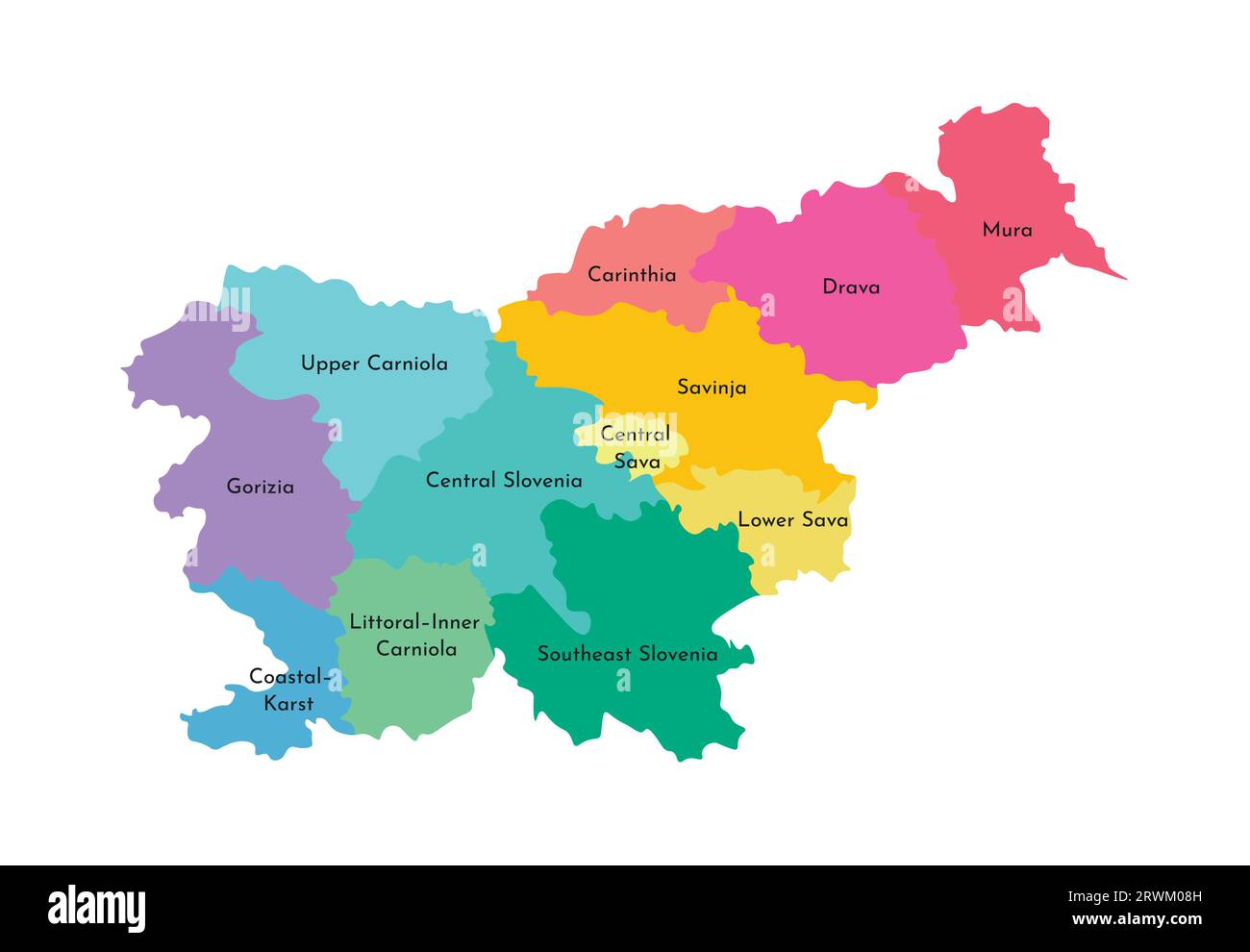 Vektorisolierte Darstellung der vereinfachten Verwaltungskarte Sloweniens. Grenzen und Namen der Regionen. Mehrfarbige Silhouetten. Stock Vektor
