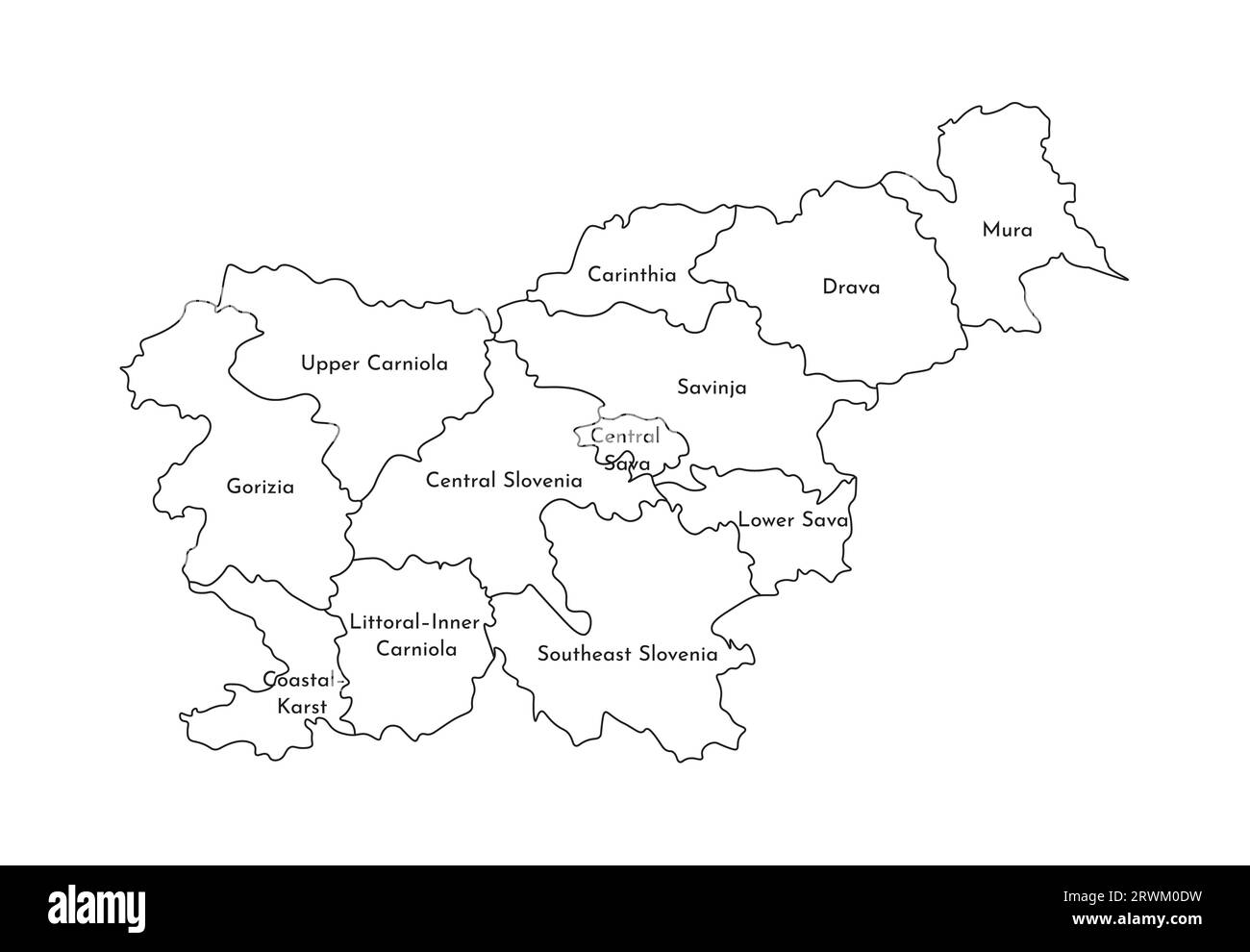 Vektorisolierte Darstellung der vereinfachten Verwaltungskarte Sloweniens. Grenzen und Namen der Regionen. Silhouetten mit schwarzen Linien. Stock Vektor