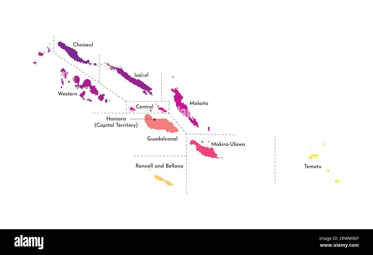 Vektorisolierte Darstellung einer vereinfachten Verwaltungskarte der Salomonen. Grenzen und Namen der Provinzen (Regionen). Mehrfarbige Silhouette Stock Vektor