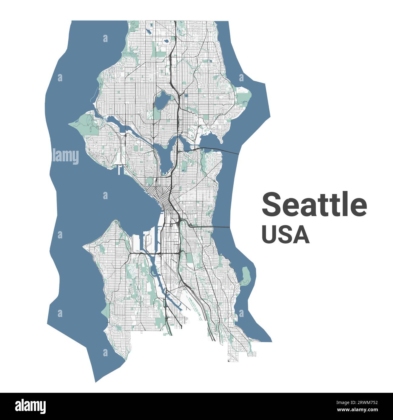 Seattle Karte, amerikanische Stadt. Stadtplan mit Flüssen und Straßen, Parks und Eisenbahnen. Vektorillustration. Stock Vektor