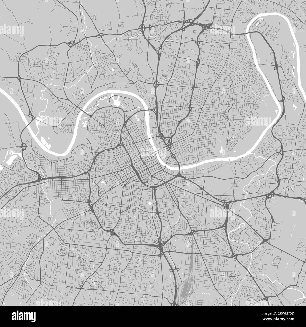 Karte von Nashville City, Vereinigte Staaten. Städtisches Schwarzweißplakat. Straßenkartenbild mit Stadtgebietsansicht. Stock Vektor