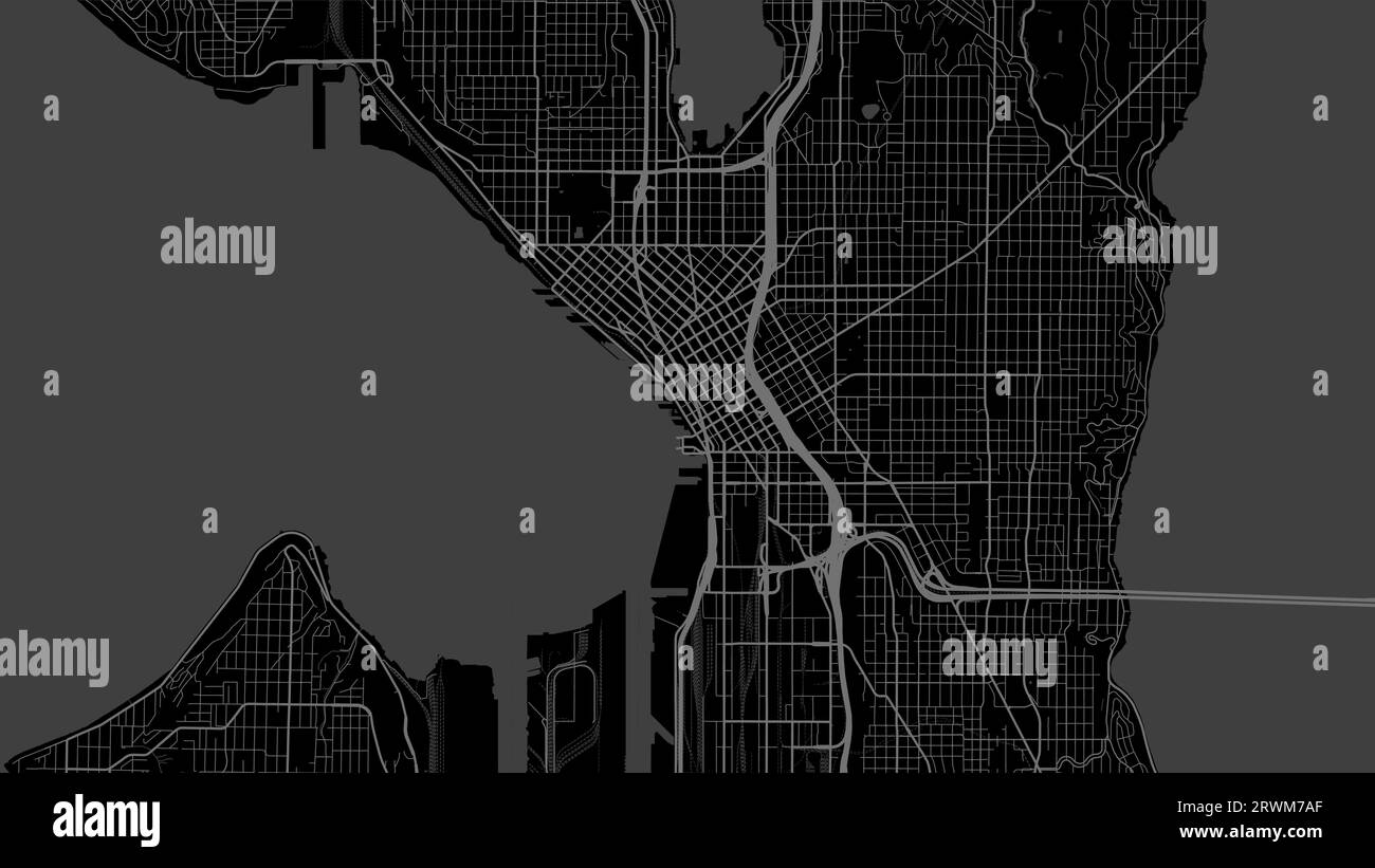 Hintergrund Seattle Karte, Vereinigte Staaten, schwarzes Stadtplakat. Vektorkarte mit Straßen und Wasser. Breitbildformat, digitale Roadmap mit flachem Design. Stock Vektor