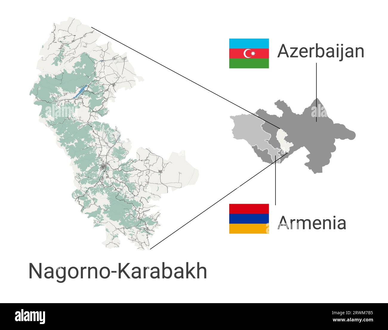 Karte von Berg-Karabach, Region Artsakh. Armenien und Aserbaidschan: Territorialkarte des Konflikts. Zwei Länder. Stock Vektor