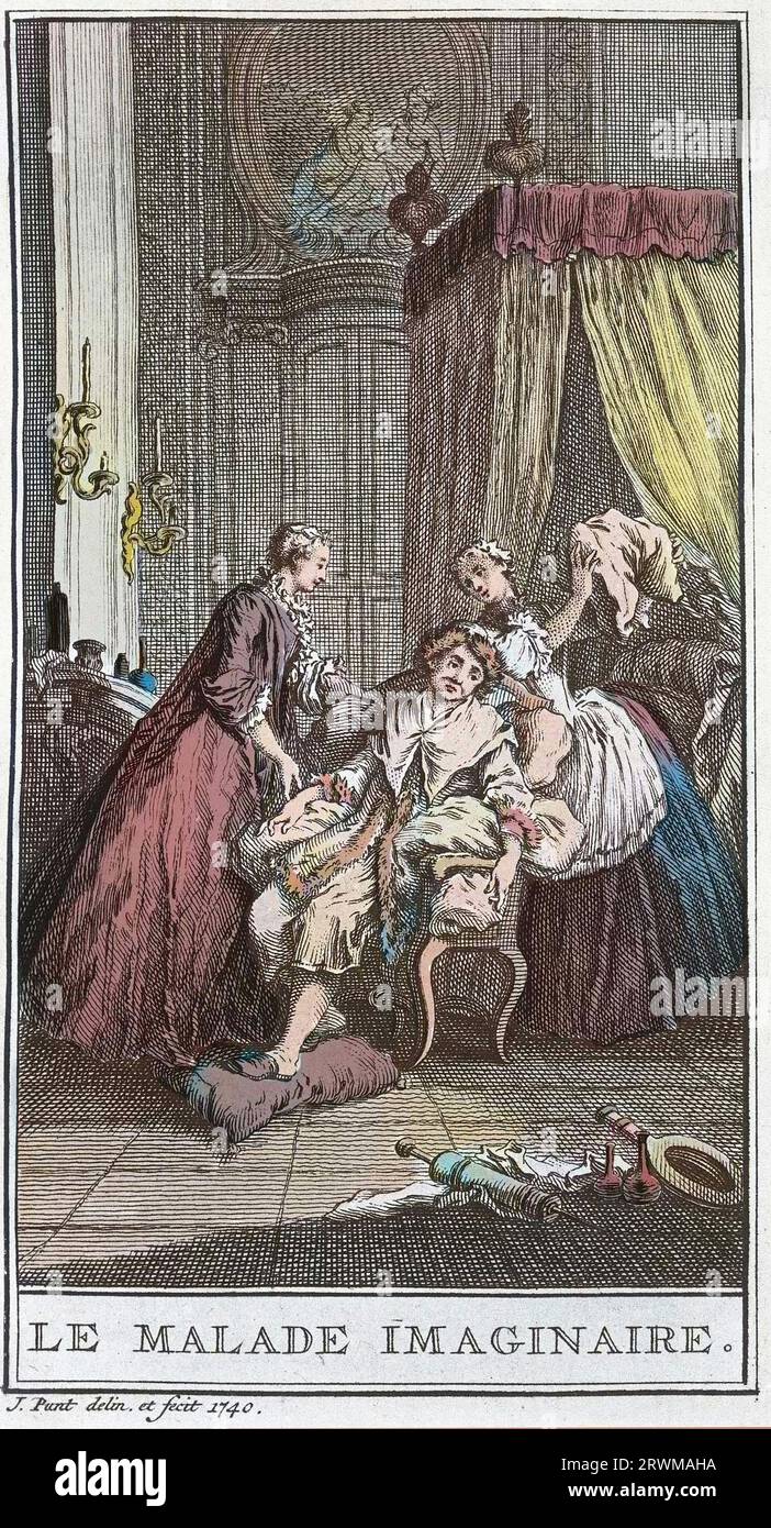 Le Malade imaginaire. Theaterstück von Jean Baptiste Poquelin dit Moliere (1622-1673). Gravur in „Le Malade imaginaire“ nach Boucher. 1740 - Stockfoto