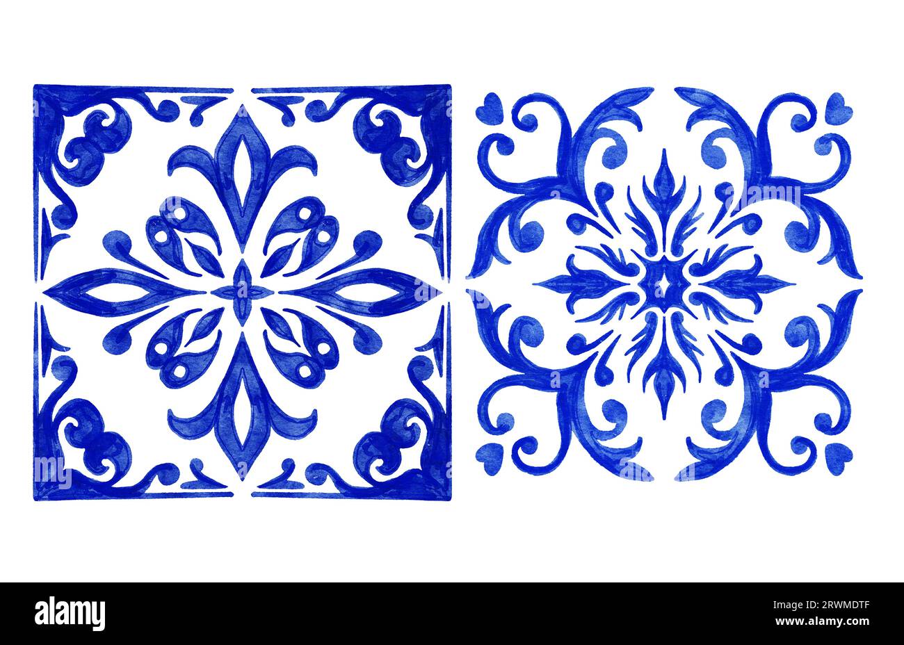 Handgezeichnete Aquarellzeichnung mit blauen weißen azulejo portugiesischen Keramikfliesen. Ethnische portugal geomentrische Indigo wiederholte Wandbodendekoration. Arabischer ornamentaler Hintergrund Stockfoto