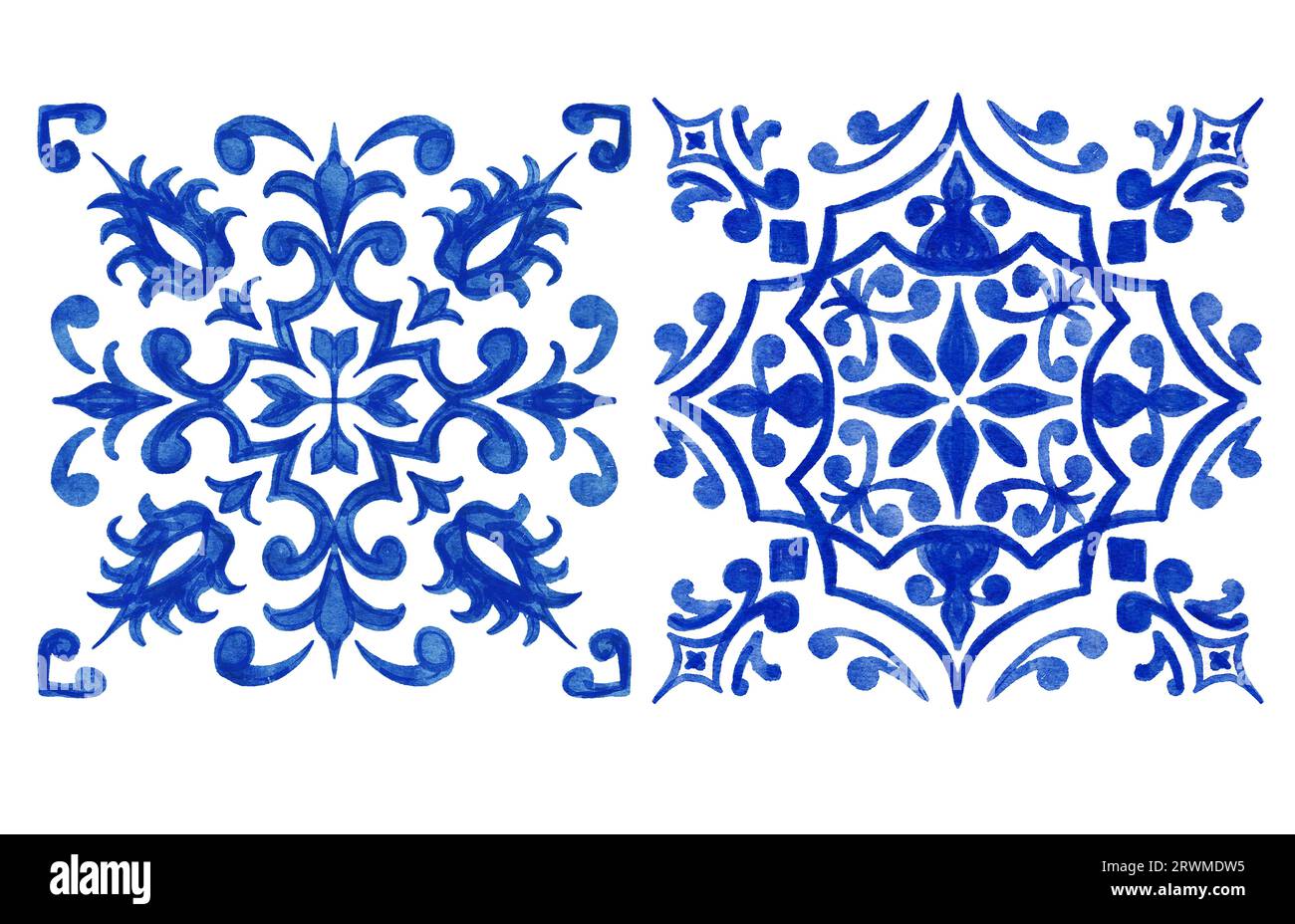 Handgezeichnete Aquarellzeichnung mit blauen weißen azulejo portugiesischen Keramikfliesen. Ethnische portugal geomentrische Indigo wiederholte Wandbodendekoration. Arabischer ornamentaler Hintergrund Stockfoto