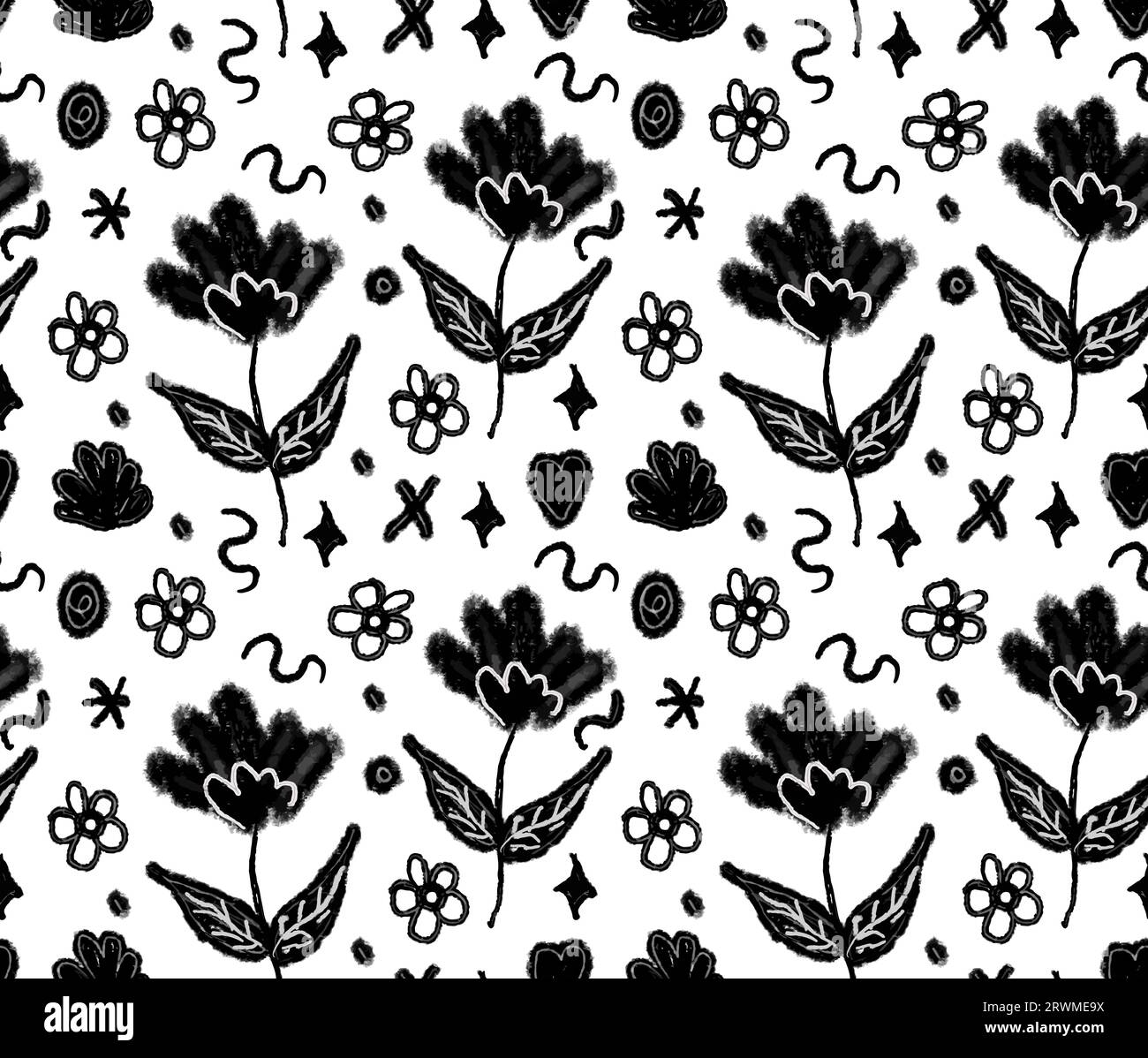 Frühlingsblumen von Hand gezeichnetes Muster. Grunge trockene Pinselstriche auf weißem Hintergrund. Der Blumenpinsel sorgt für ein nahtloses Muster. Vektorillustration Stock Vektor