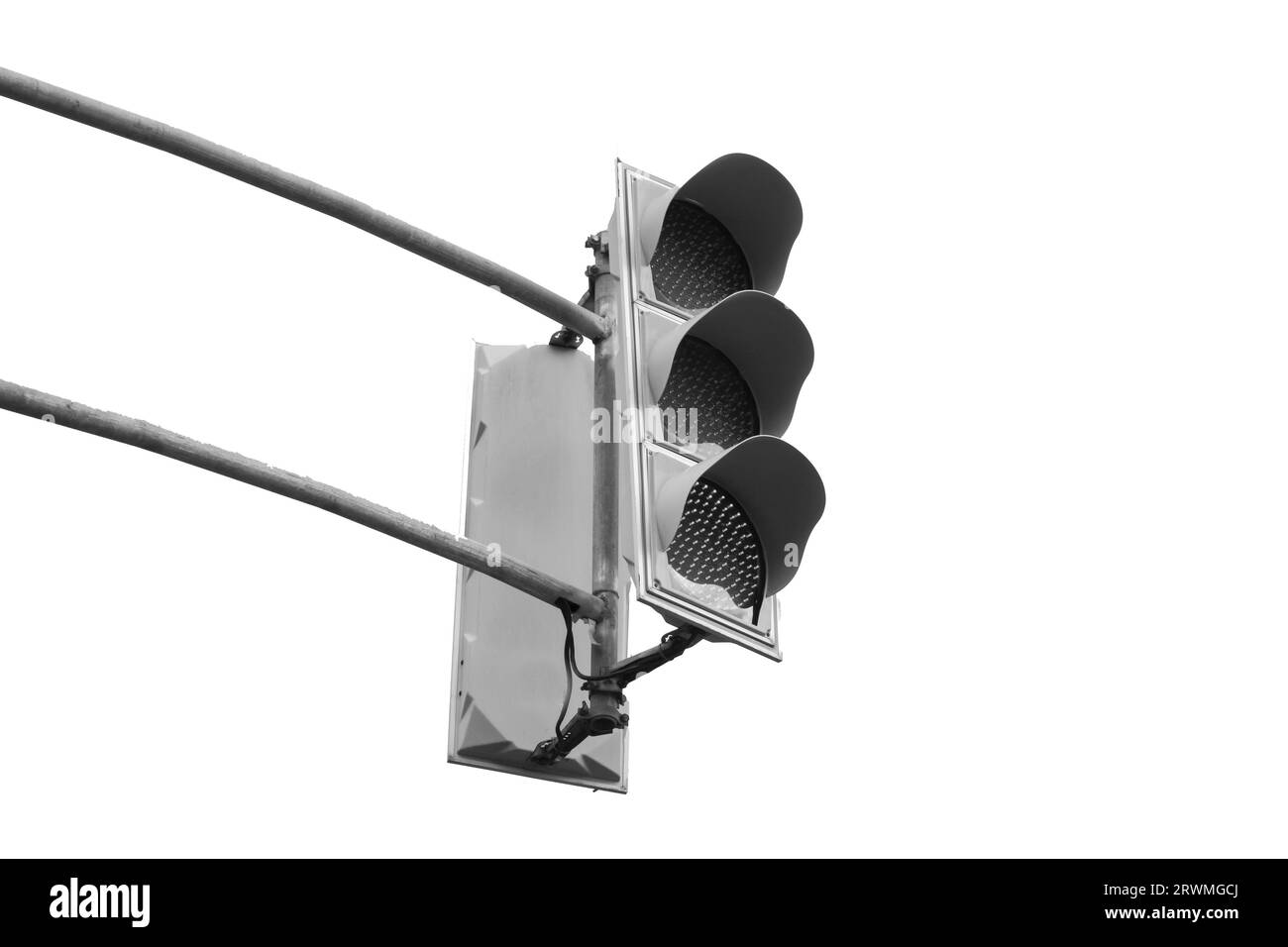 Die Ampel und der Pol sind auf weißem Hintergrund isoliert Stockfoto