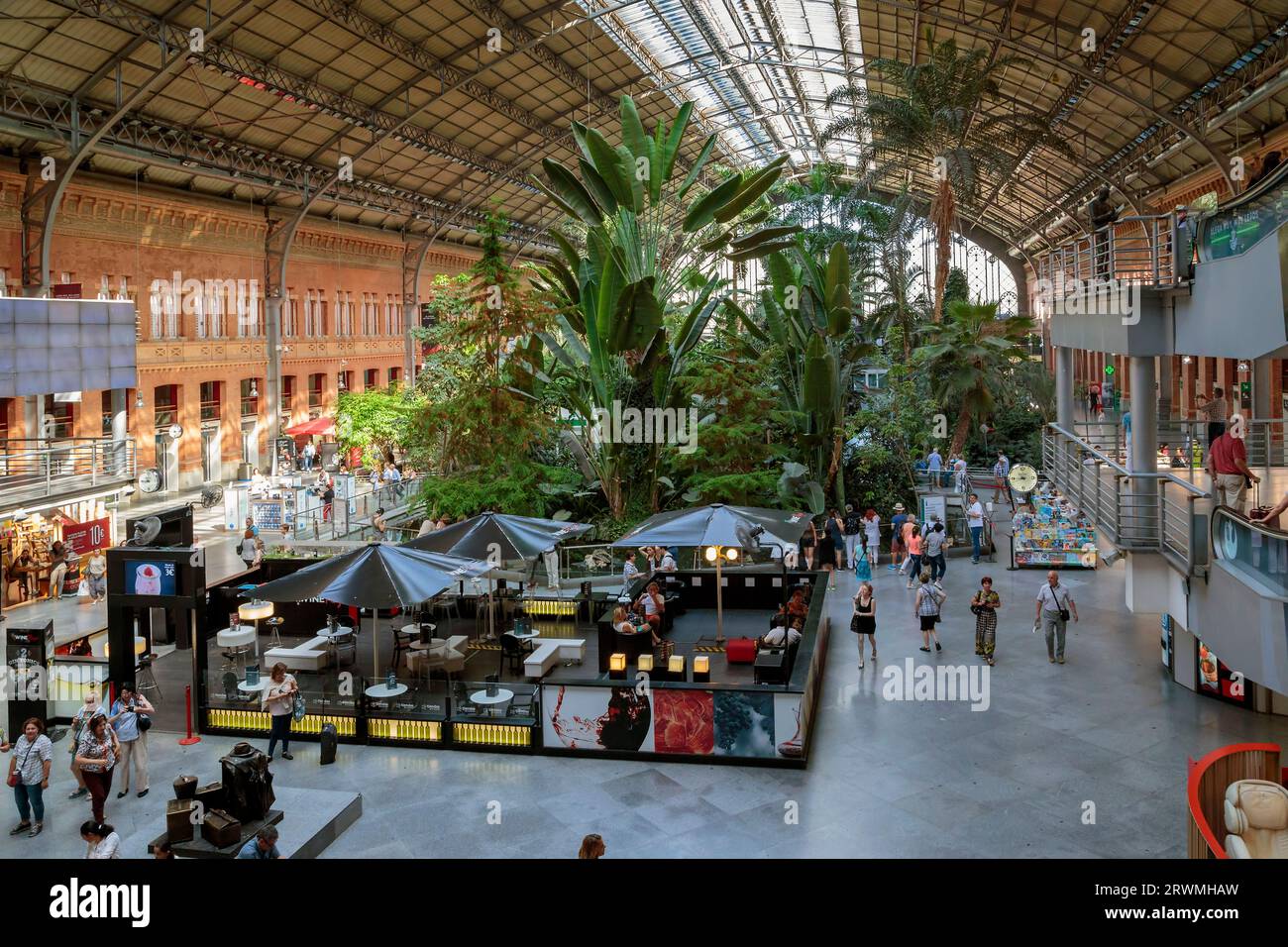 MADRID, SPANIEN - 24. MAI 2017: Dies ist ein Wintergarten in der Wartehalle des Bahnhofs Atocha. Stockfoto