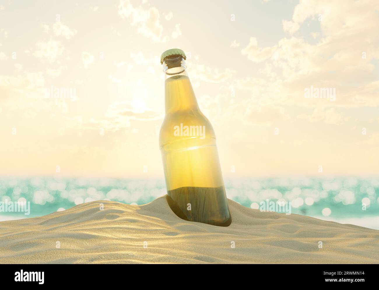 Eine Bierflasche im Strandsand mit blauem Meereshintergrund - 3D-Rendering Stockfoto