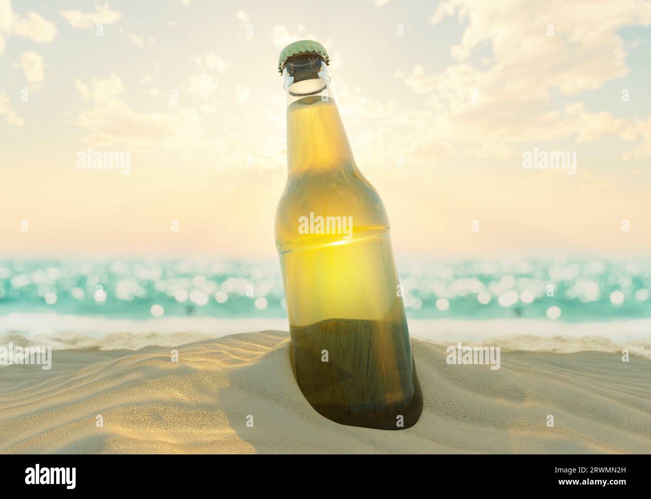 Eine Bierflasche im Strandsand mit blauem Meereshintergrund - 3D-Rendering Stockfoto