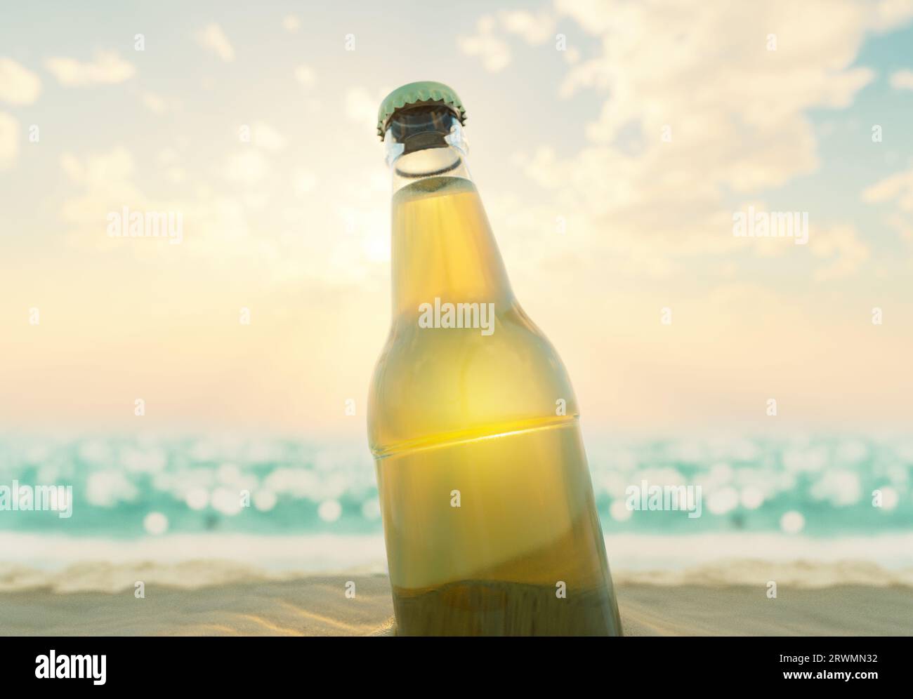 Eine Bierflasche im Strandsand mit blauem Meereshintergrund - 3D-Rendering Stockfoto
