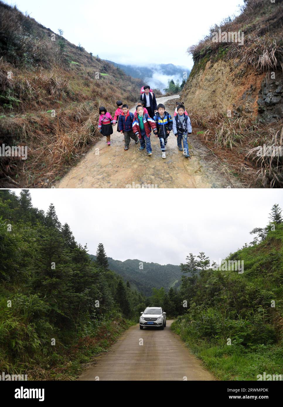 (230920) -- NANNING, 20. September 2023 (Xinhua) -- dieses Kombi-Foto zeigt den Grundschullehrer Yu Qigui, der am 26. Februar mit einer Gruppe von Schulkindern auf einem matschigen Bergpfad einen handgewebten Korb auf dem Rücken trägt. 2013 (oben) und Yu fuhr am 7. Juli 2020 (unten) mit seinem Auto zur Schule in Jiangliu Village in Longji Town, Longsheng County, südchinesische autonome Region Guangxi Zhuang. MIT „über China: Lehrer, die Kindern in Chinas Binnenbergen Hoffnung geben“ (Xinhua/Lu Boan) Stockfoto