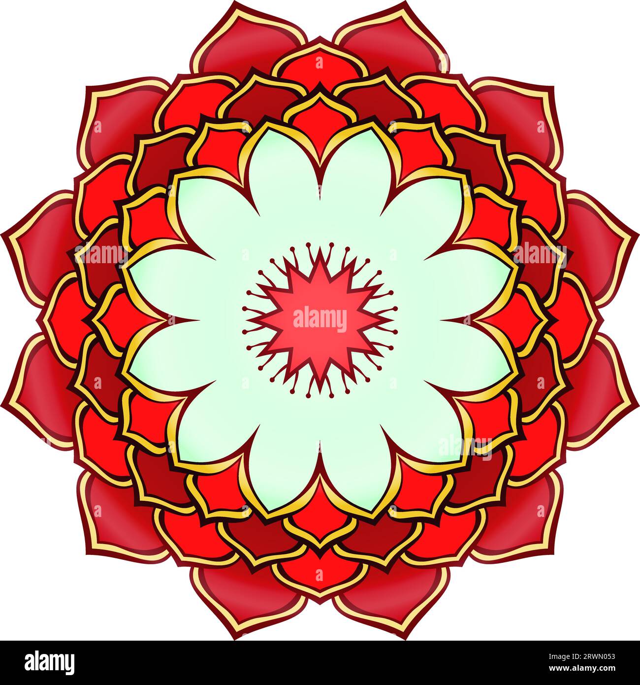 Runde Mandala Lotusblume leuchtend rot und goldfarben, isoliertes Designelement zum Drucken auf T-Shirt, Textil, Tattoo oder anderen Dekorationen, Vektor Stock Vektor