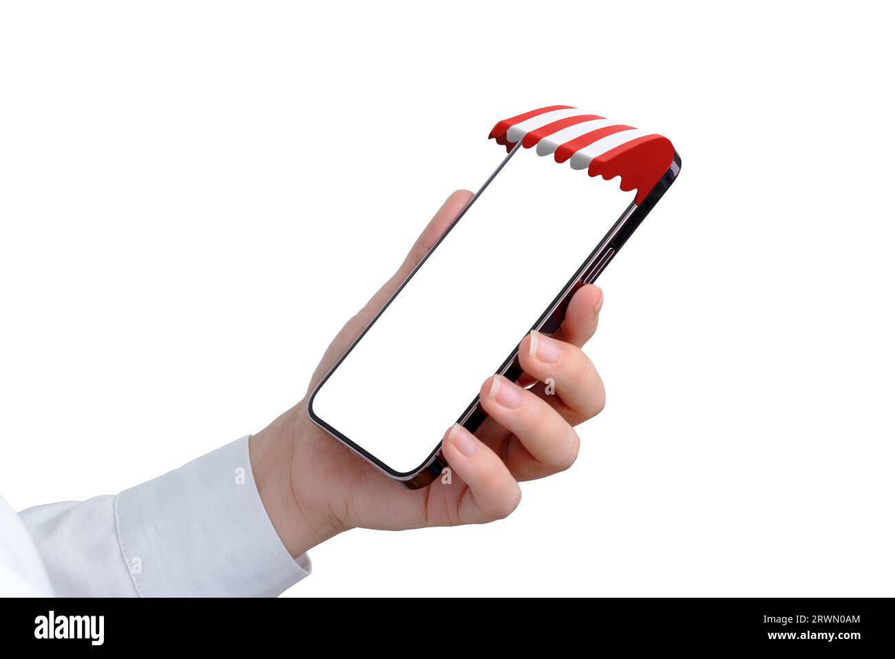 Mobiltelefon in der Hand mit Ladenmarkise über Display-Konzept. Isolierter Bildschirm und Hintergrund für App-Mockup Stockfoto