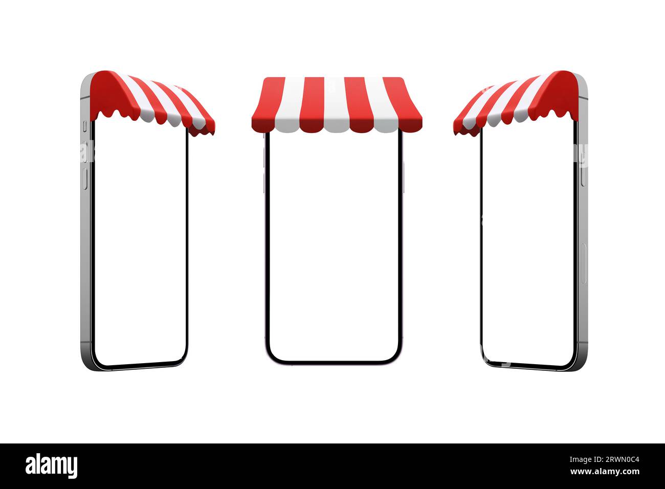 Telefon mit Markise in drei Positionen. Isotonierte Anzeige und Hintergrund für Mockup, Shopping-App-Promotion Stockfoto
