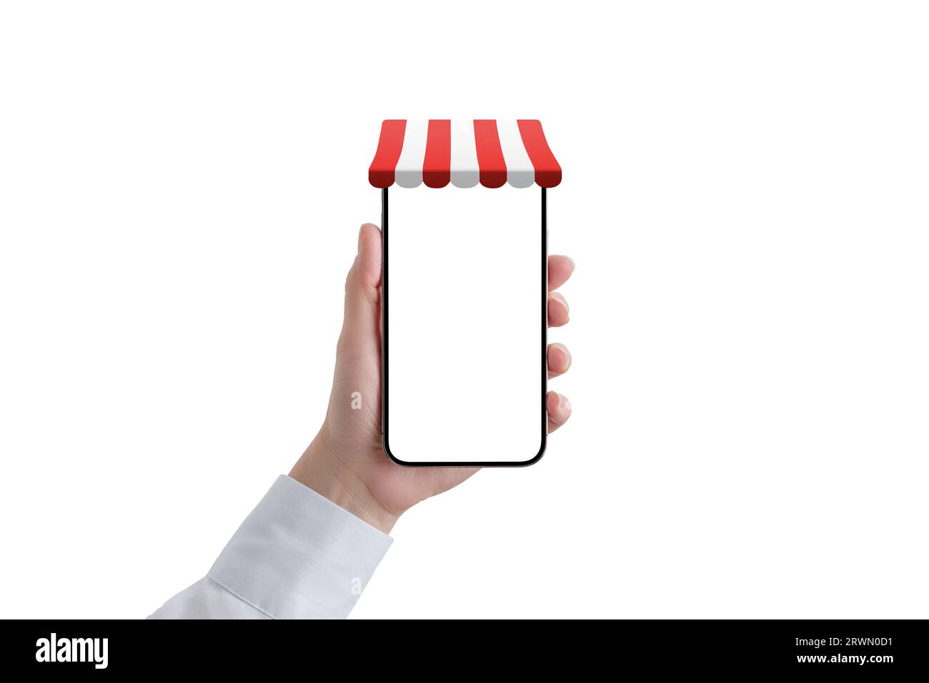 Telefon in Frauenhand mit rot-weißer Markise auf Telefon-Display-Konzept. Isolierter Bildschirm und Hintergrund. Das Telefon befindet sich in der vorderen Position Stockfoto